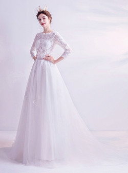 In Stock:Ship in 48 Hours White Tulle Lace Appliques Wedding Dress