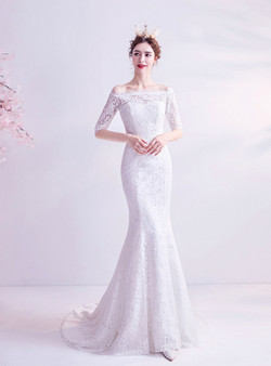 In Stock:Ship in 48 Hours White Mermaid Lace Short Sleeve Wedding Dress