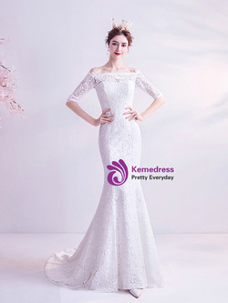 In Stock:Ship in 48 Hours White Mermaid Lace Short Sleeve Wedding Dress