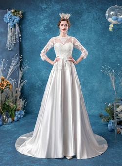 In Stock:Ship in 48 Hours Satin Appliques Long Sleeve Wedding Dress