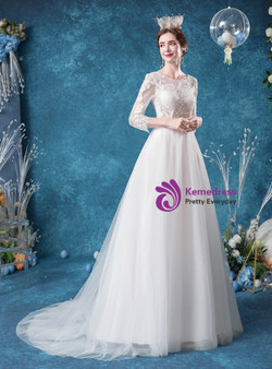 In Stock:Ship in 48 Hours Illusion White Tulle Appliques Wedding Dress
