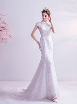 In Stock:Ship in 48 Hours White Mermaid Lace High Neck Wedding Dress