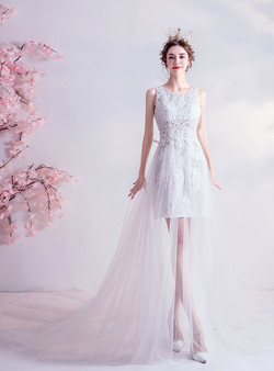 In Stock:Ship in 48 Hours White Tulle Appliques Sleeveless Wedding Dress