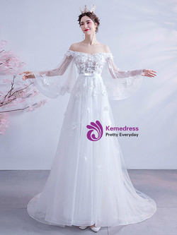 In Stock:Ship in 48 Hours White Appliques Long Sleeve Wedding Dress