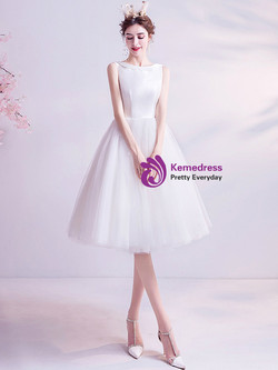 In Stock:Ship in 48 Hours White Tulle Illusion Back Short Wedding Dress