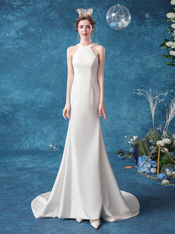 In Stock:Ship in 48 hours White Halter Satin Wedding Dress