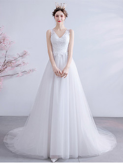 In Stock:Ship in 48 hours White Tulle Lace Sleeveless Wedding Dress
