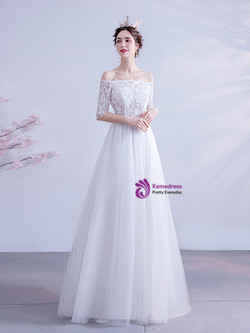 In Stock:Ship in 48 Hours White Tulle Lace Off The Shoulder Wedding Dress