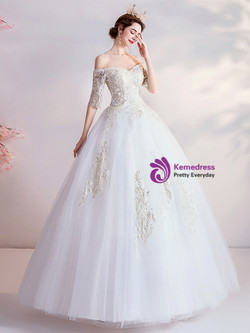 In Stock:Ship in 48 Hours White Tulle Short Sleeve Gold Appliques Wedding Dress
