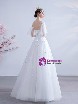 In Stock:Ship in 48 Hours Lovely White Tulle 3D Appliques Wedding Dress