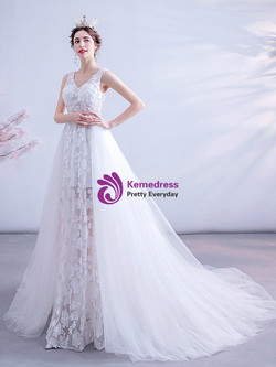 In Stock:Ship in 48 Hours White V-neck Tulle Appliques Wedding Dress