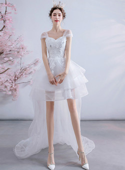 In Stock:Ship in 48 Hours White Hi Lo Appliques Wedding Dress