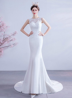 In Stock:Ship in 48 Hours White Mermaid Satin Appliques Wedding Dress