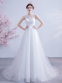 In Stock:Ship in 48 Hours White Scoop Tulle Appliques Wedding Dress