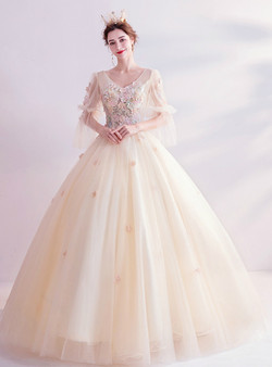 In Stock:Ship in 48 Hours Champagne Tulle Short Sleeve Wedding Dress