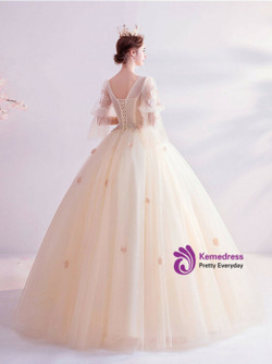 In Stock:Ship in 48 Hours Champagne Tulle Short Sleeve Wedding Dress