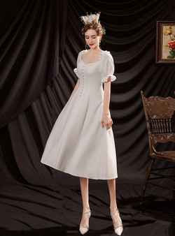 In Stock:Ship in 48 Hours White Puff Sleeve Short Wedding Dress