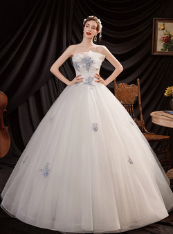 In Stock:Ship in 48 Hours White Tulle Blue Appliques Beading Wedding Dress