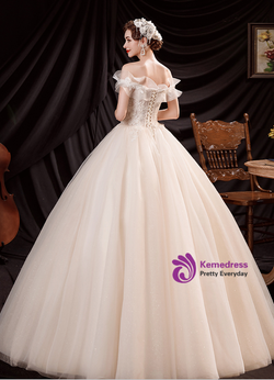 In Stock:Ship in 48 Hours Ivory Tulle Appliques Beading Wedding Dress