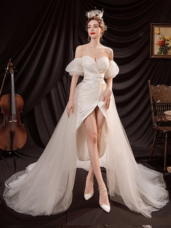 In Stock:Ship in 48 Hours Ivory Tulle Satin Hi Lo Wedding Dress In Stock:Ship in 48 Hours Ivory Tulle Satin Hi Lo Wedding Dress