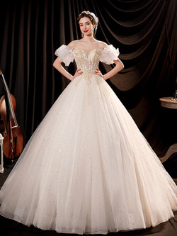 In Stock:Ship in 48 Hours White Appliques Tulle Wedding Dress
