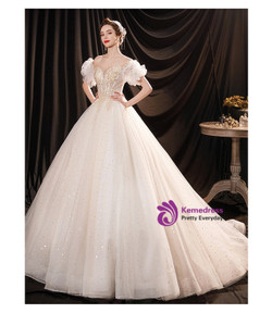In Stock:Ship in 48 Hours White Appliques Tulle Wedding Dress