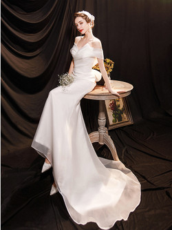 In Stock:Ship in 48 Hours White Mermaid Off the Shoulder Wedding Dress