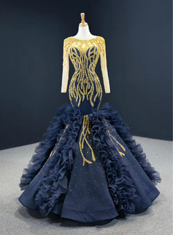 Navy Blue Mermaid Tulle Long Sleeve Beading Prom Dress Navy Blue Mermaid Tulle Long Sleeve Beading Prom Dress