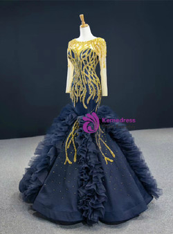 Navy Blue Mermaid Tulle Long Sleeve Beading Prom Dress Navy Blue Mermaid Tulle Long Sleeve Beading Prom Dress