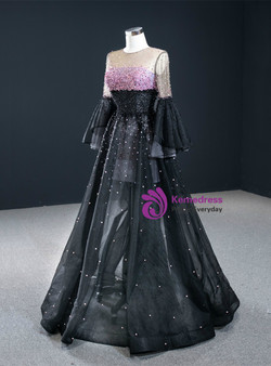 Black Tulle Beading Long Sleeve Prom Dress