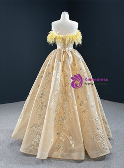Gold Tulle Strapless Feather Embroidery Prom Dress