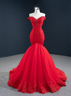 Red Mermaid Tulle Lace Off the Shoulder Beading Prom Dress Red Mermaid Tulle Lace Off the Shoulder Beading Prom Dress
