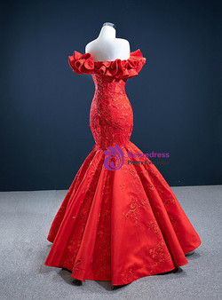 Red Mermaid Ruffles Appliques Off the Shoulder Prom Dress