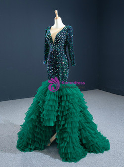 Green Mermaid Sequins Long Sleeve Crystal Prom Dress