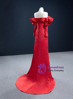 Red Satin Long Sleeve Beading Prom Dress With Split