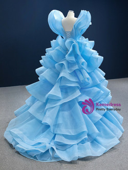 Blue Ball Gown Ruffle Tiers Princess Prom Dress