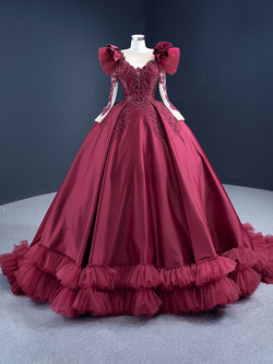 Burgundy Ball Gown Satin Long Sleeve Appliques Beading Prom Dress
