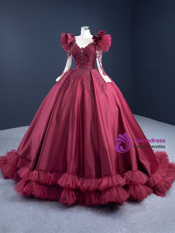 Burgundy Ball Gown Satin Long Sleeve Appliques Beading Prom Dress