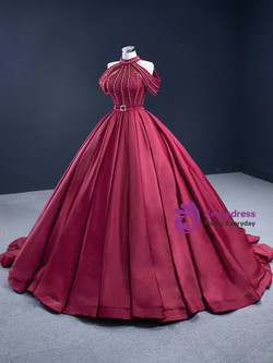 Burgundy Satin Halter Beading Ball Gown Prom Dress