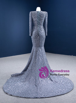Sexy Mermaid Gray Sequins Pearls Long Sleeve Prom Dress