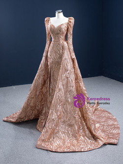 Gold Mermaid Sequins Square Long Sleeve Prom Dress