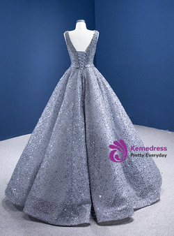 Fashion Silver Sequins Pearls V-neck Prom Dress