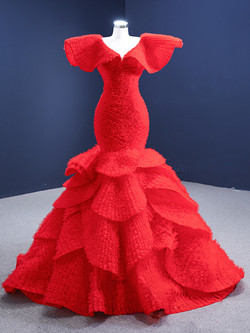 Red Mermaid Tulle Tiers V-neck Prom Dress