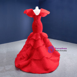 Red Mermaid Tulle Tiers V-neck Prom Dress