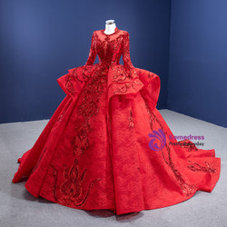 Red Lace Sequins Appliques Long Sleeve Prom Dress