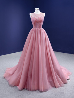 Pink Tulle Beading Sleeveless Prom Dress