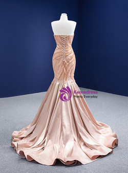 Champagne Satin Strapless Beading Prom Dress