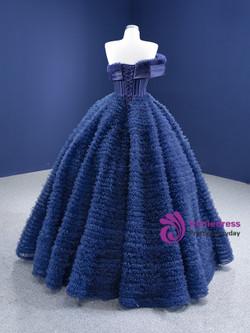 Navy Blue Tulle Pleats Ball Gown Prom Dress