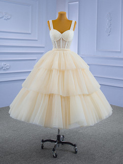 Yellow Tulle Pleats Straps Beading Tea Length Prom Dress