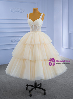 Yellow Tulle Pleats Straps Beading Tea Length Prom Dress